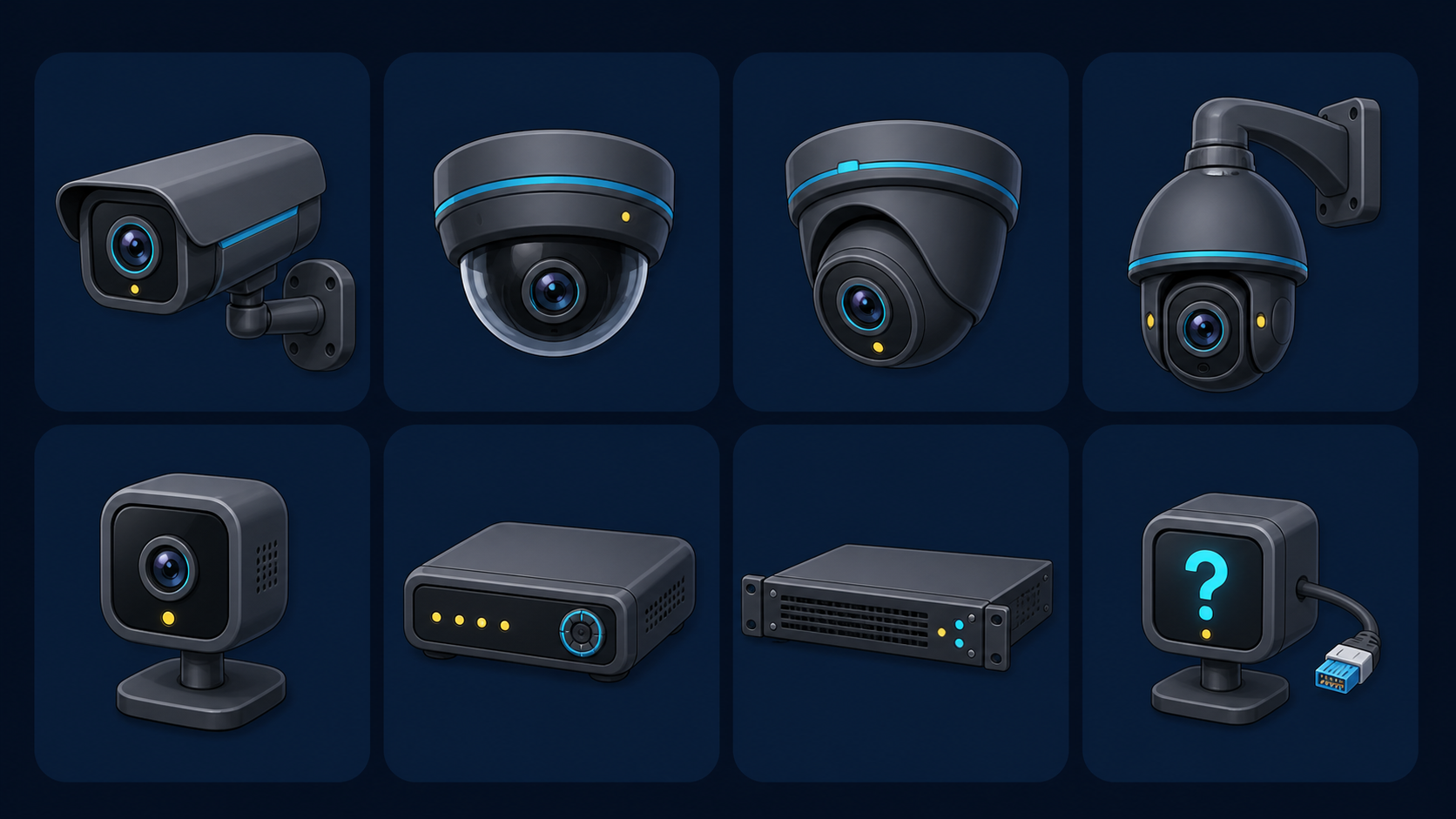 Illustrations of CCTV bullet, dome, turret and PTZ cameras, a compact camera, DVR and NVR